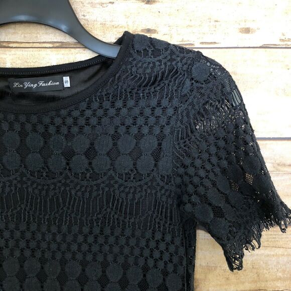 Black Short Sleeve Dotted Lace Overlay Blouse - Size Small - Lin Ying Fashion - Picture 2 of 4